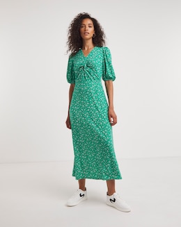 Jersey Twist Knot V-Neck Midi Tea Dress