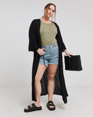 Simply Be Black Embroidered Trim Longline Kimono With Shell Tie