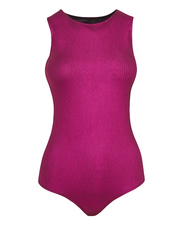 Pink Metallic Ribbed Racer Bodysuit