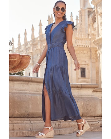 Sosandar Ruffle Sleeve Tiered Hem Midi Dress