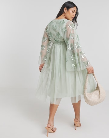 Maya Curve Cape Sleeve Embellished Midi Dress