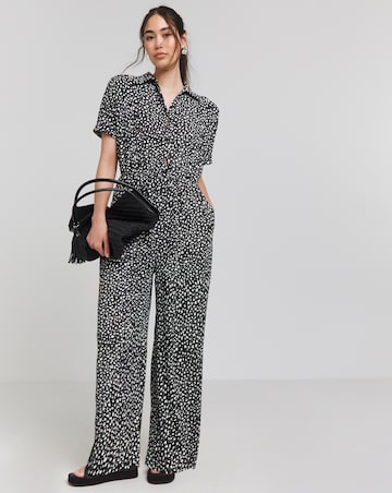 Simply Be Black Printed Waffle Button Up Wide Leg Jumpsuit With Pockets