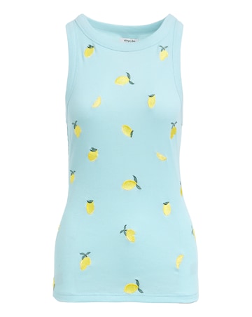 Simply Be Blue Ribbed Lemon Embroidery High Neck Tank