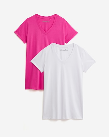 Simply Be White & Hot Pink 2 Pack V Neck Longline T-Shirts