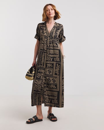 Collarless Placket Detail Smock Midi Dress
