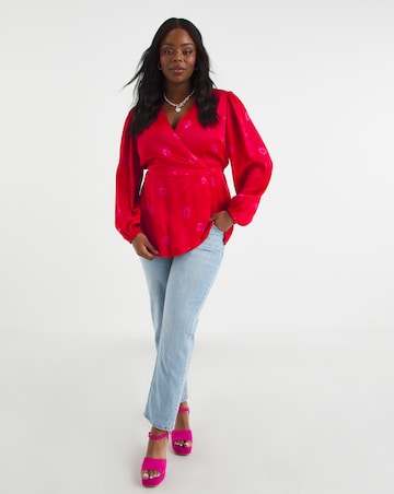 Pink Print Long Sleeve Satin Peplum Blouse