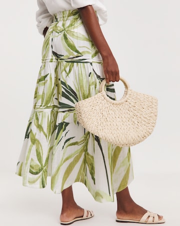 Green Palm Print Cheesecloth Midi Skirt