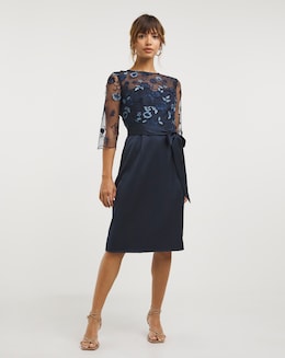 Joanna Hope Navy Embroidered Mesh Dress