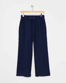 Blue Twill Soft Pull On Wide Leg Trousers