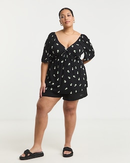 Simply Be Black Ditsy Crinkle Short Sleeve Tie Front Blouse