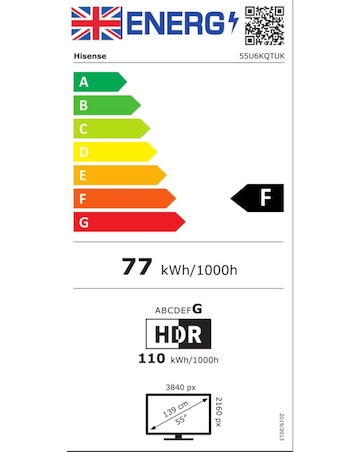 Hisense 55in 55U6KQTUK Smart 4K UHD HDR Mini-LED TV with Dolby Vision IQ