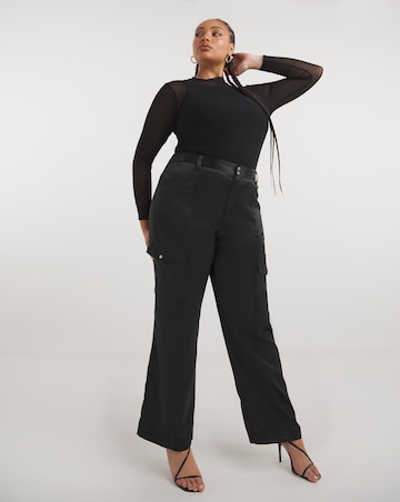 Black Stretch Satin Cargo Wide Leg Trousers