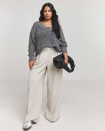Grey Twist Open Knit V Neck Slouchy Longline Jumper