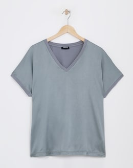 Grey V Neck Satin Front Top