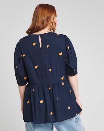 Simply Be Navy Blue Embroidered Peach Peplum Blouse