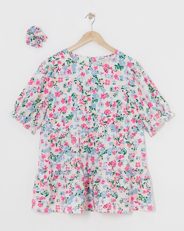 Ditsy Floral Print Tiered Smock Top & Matching Scrunchie