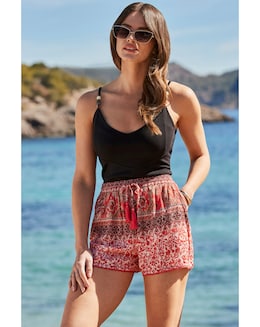 Sosandar Red Scarf Print Tassel Detail Shorts