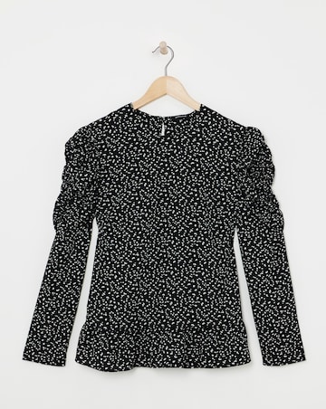 Mono Print Ruched Sleeve Top