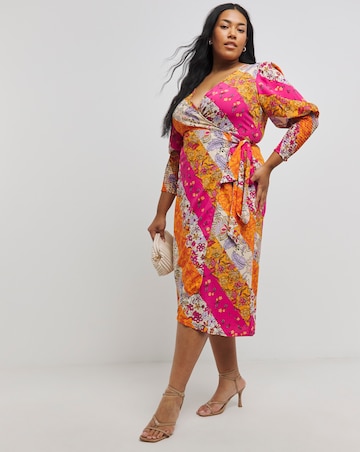 Multi Print Wrap Midi Dress With Shirred Sleeve
