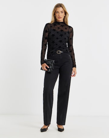 Simply Be Black Velour Star Print Mesh Top