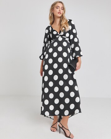 Flounce London Long Sleeve Black White Spot Midaxi Dress