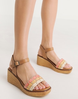 Alani Leather Wedge Sandal With Raffia Detailing - Wide Fit (E)