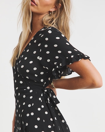 Spot Print Crinkle Wrap Front Skater Dress