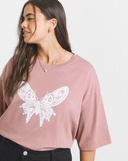 Simply Be Dusty Pink Butterfly Graphic T-Shirt