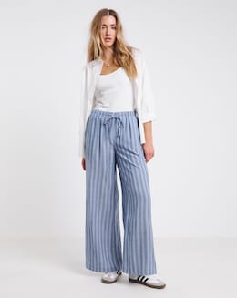 Simply Be Blue Stripe Tie Waist Linen Look Wide Leg Trouser