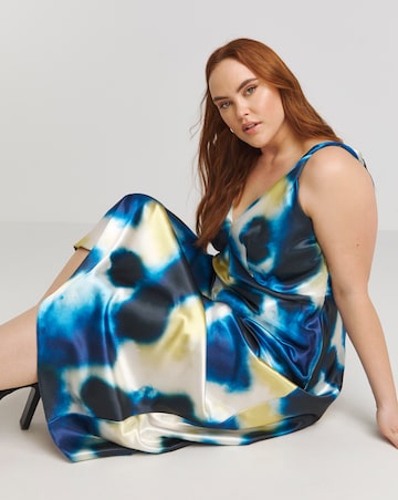 Blue Blurred Print Satin Cami Maxi Dress