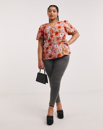 Floral Print Button Through Peplum Blouse