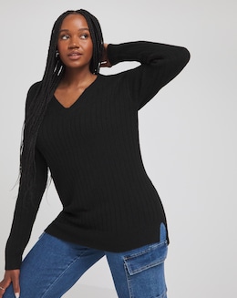 Simply Be Black Slouchy V Neck Ribbed Longline Jumper