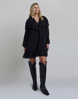 Black Crinkle Georgette Frill Smock Dress