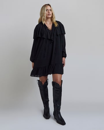 Black Crinkle Georgette Frill Smock Dress