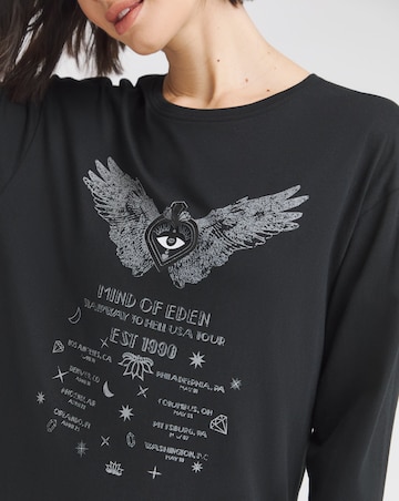 Black Cotton Jersey Long Sleeve Graphic T-Shirt Dress