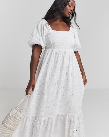 White Square Neck Broderie Maxi Dress