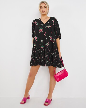 Mixed Print V-Neck Dropped Waist Dress