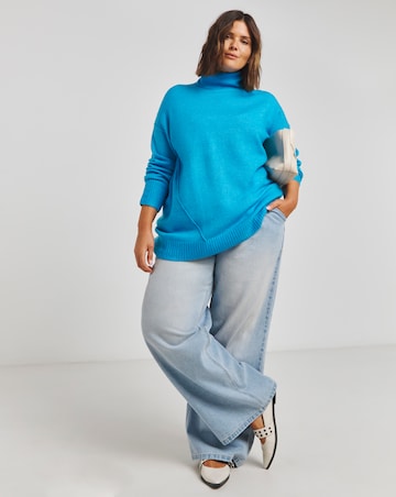 Blue Seam Detail Longline Roll Neck Jumper