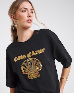 Simply Be Black Embellished Cote D'Azure Graphic T-Shirt