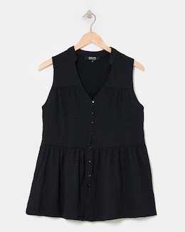 Black Textured Tie Neck Button Front Top