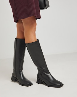 Heavenly Soles Velma Block Heel Leather Knee Boots - Wide Fit (E) &amp; Curvy Calf