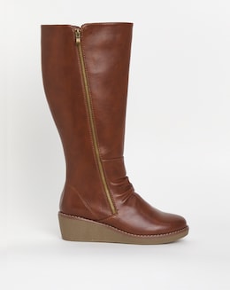 Cushion Walk Wedged Crepe Sole Knee High Boot EEE Fit Curvy Calf