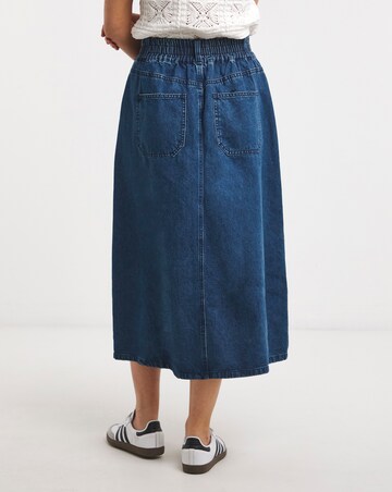 Mid Blue Elasticated Waist Midi Denim Skirt