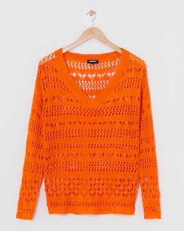 Orange Wide V Neck Crochet  Jumper