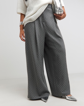Grey Diamante Wide Leg Tailored Trousers