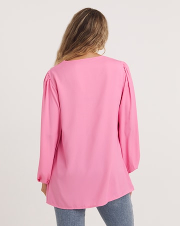 Pink Long Sleeve V Neck Woven Boxy Blouse