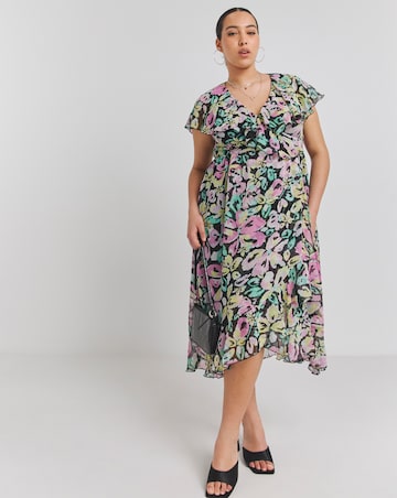 Floral Print Ruffle Front Wrap Midi Dress