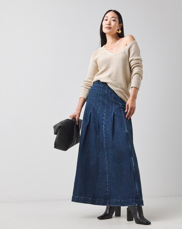 Indigo Maxi Pleat Detail Denim Skirt