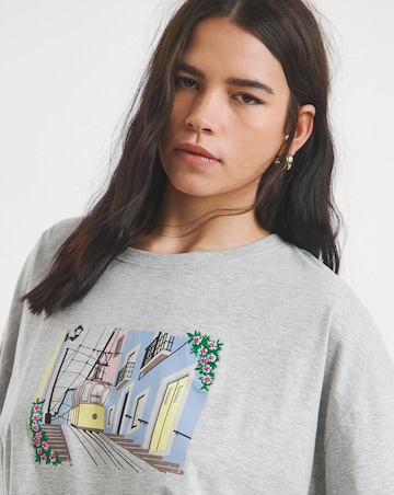 Simply Be Grey Marl Embroidery Lisbon Graphic T-Shirt
