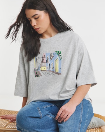 Simply Be Grey Marl Embroidery Lisbon Graphic T-Shirt